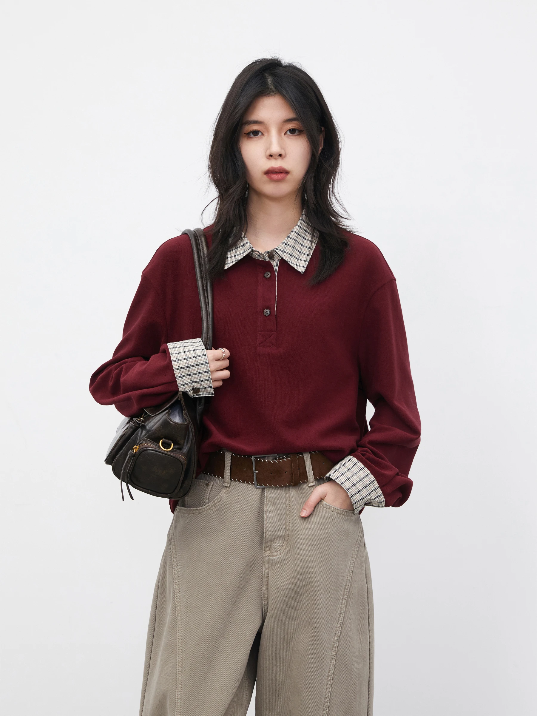 

Loose Fit Long Sve T-irt with Color Blo Plaid Design Turn-down Collar Casual Sle for Women Breathable Comfortable Co...