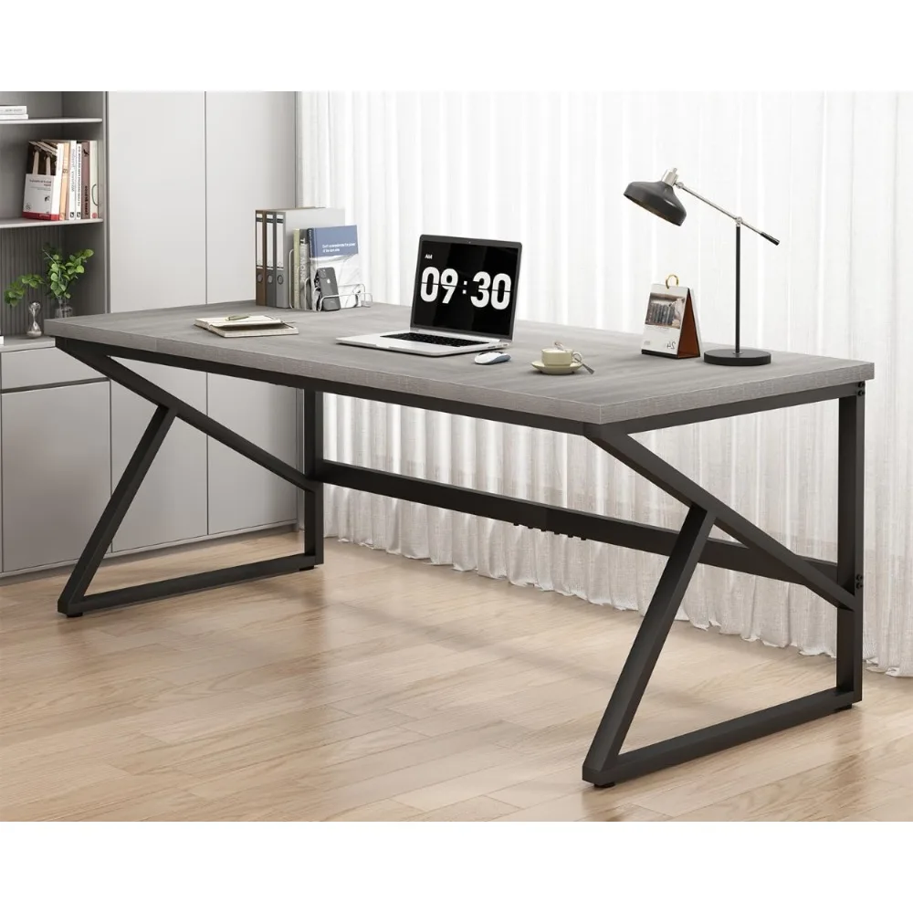 

70 Inch Long Grey Desk, Large Home Office Computer Desk for 2 People, Industrial Wood
