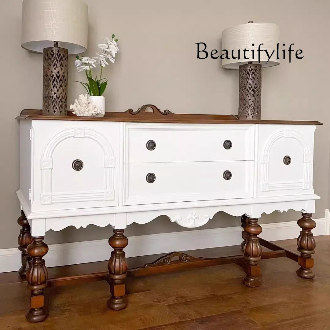 KS French contrasting color solid wood porch cabinet small apartment carved decoration antique designer entry partition cabinet