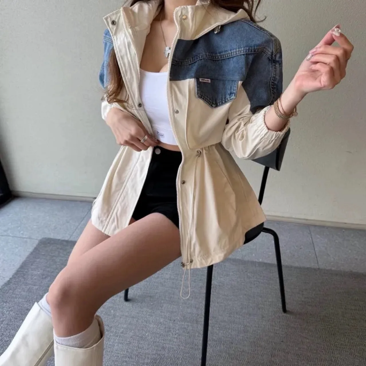 SuperAen Hooded Women's Mid-length Jackets 2026 Spring New Korean-style Loose Casual Fashion Patchwork Denim Coats