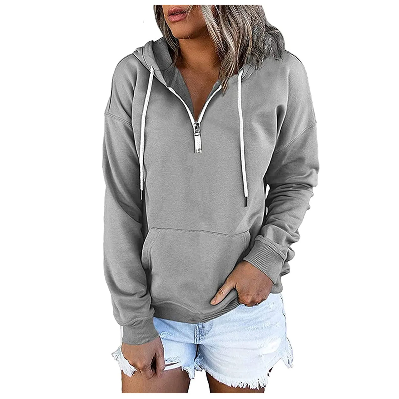 

Pullover For Women's Button Down Hoodies Drawstring Hooded Pocket Casual Long Sleeve V Neck Sweatshirts Tops Sudadera Mujer