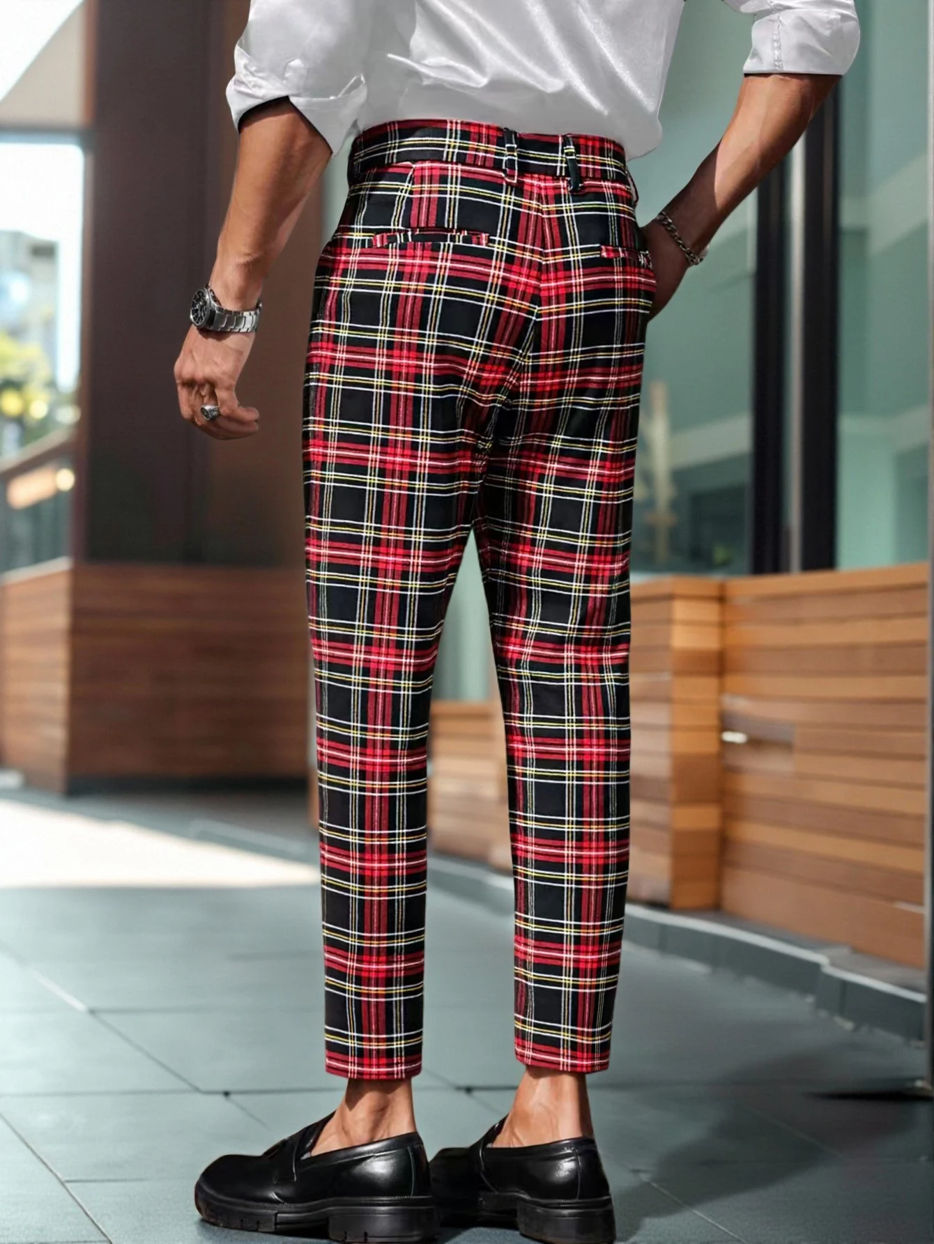 Men's Tartan Plaid Tapered Cropped Dress Pants Viscose Polyamide Elastane Slim Fit Business Casual Ankle‑Length Trousers