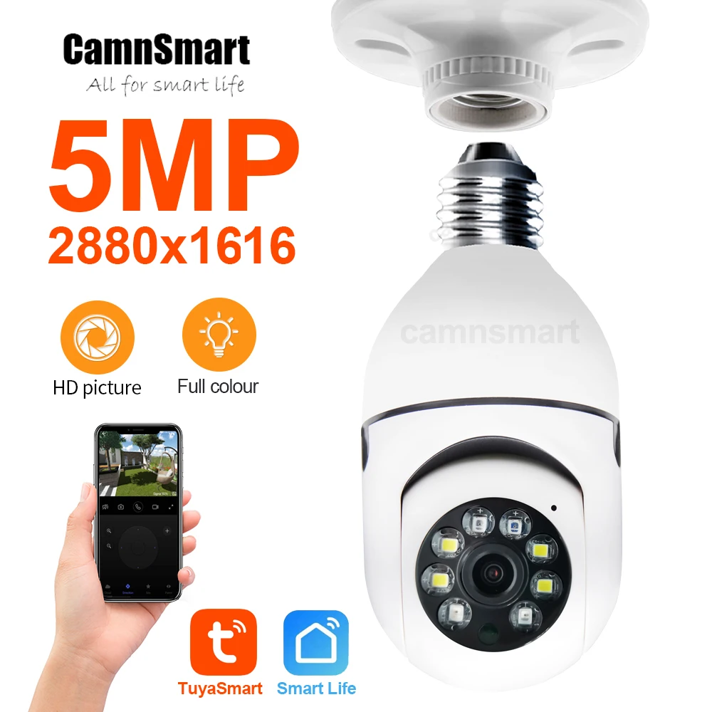 

5MP TUYA YCC365 E27 Строка лампочки Wi -Fi Night Vision Полноцветный Auto Human Track 4x Zoom Video Video Indoor Security Monitor