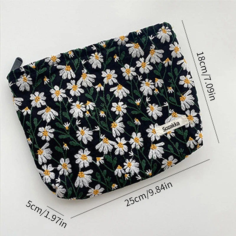 Floral Daisy Embroidery Cosmetic Bag Makeup Bag Portable Toiletry Bags Large Capacity Cosmetic Organizer Zipper Beauty Pouch