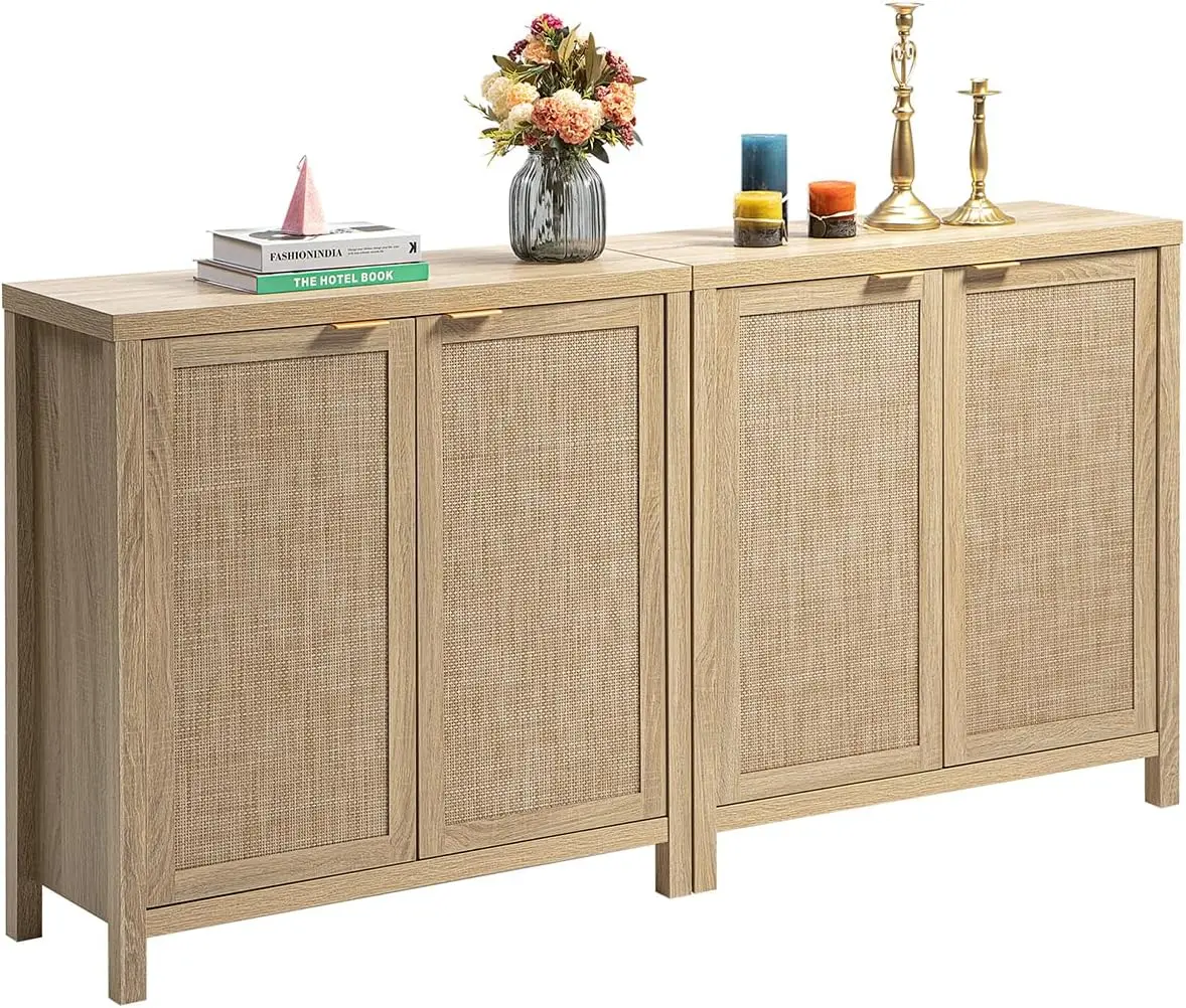 Sideboard Buffet Rattan Cabinet - Boho Large Kitchen Storage for Dining Room Hallway - 2 Pieces (Natural)