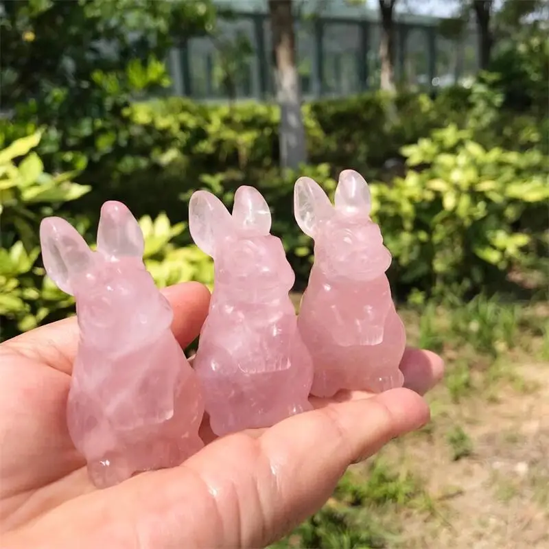 Natural Rose Quartz Rabbit Crystal Carving Cute Animal Home Decoration Healing Energy Stone Healthy Children Birthday Gift 1pcs