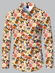 Men's shirt lapel shirt men's 3D gentleman rose print casual long sleeve fashion print shirt 2025 new