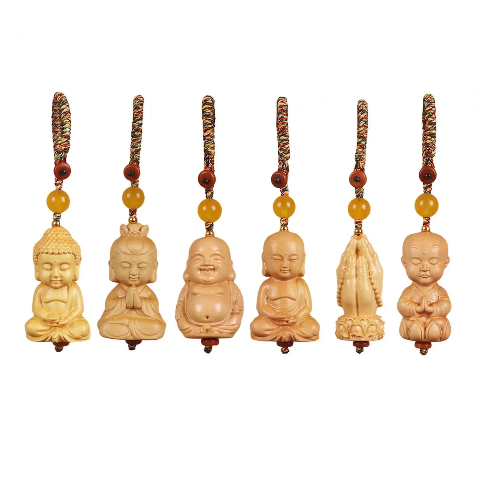 Porte-clés Statue de Bouddha en Bois, Accessoires Robustes, Multifonctionnel, Sac Carlé à la Main, Décoration de Face, Artisanat Sculpture de Bouddha, 9cm