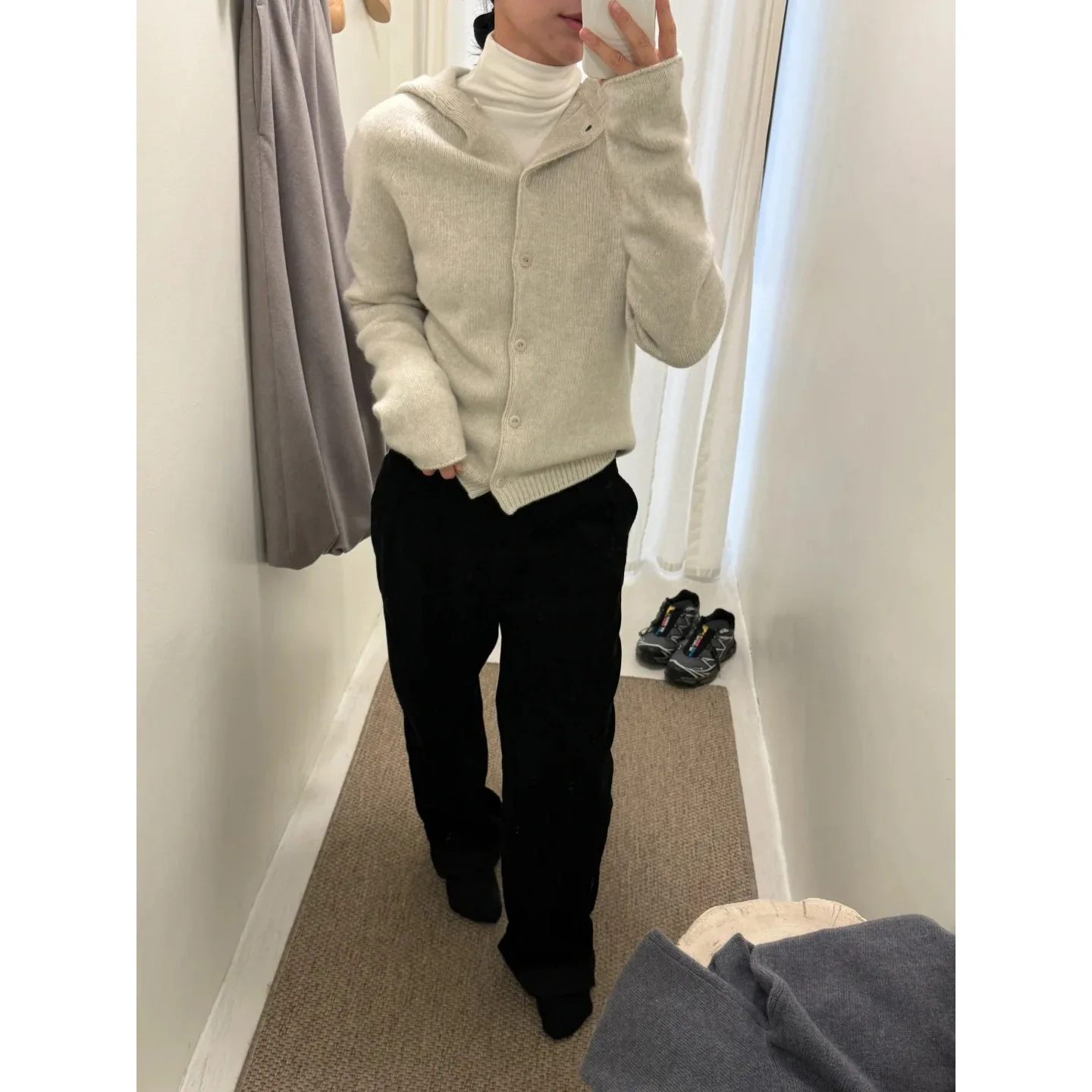 

Зимний вязаный кардиган Moa Simple с капюшоном на одной пуговице, женский, стандартный крой, средней толщины, нейлон