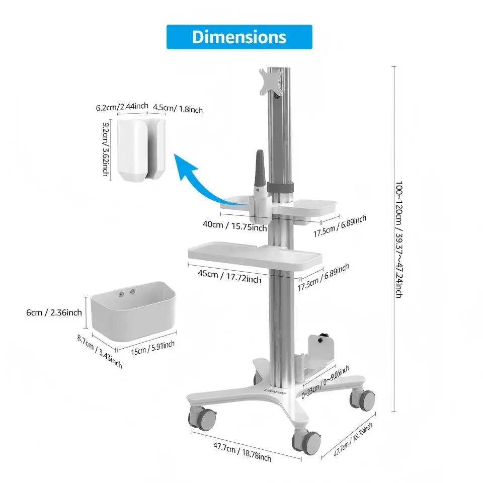 Hot-selling Portable Dental  Metal Height-adjustable Trolley Cart with Intraoral Scanner Holder and Keyboard Tray for Dentist