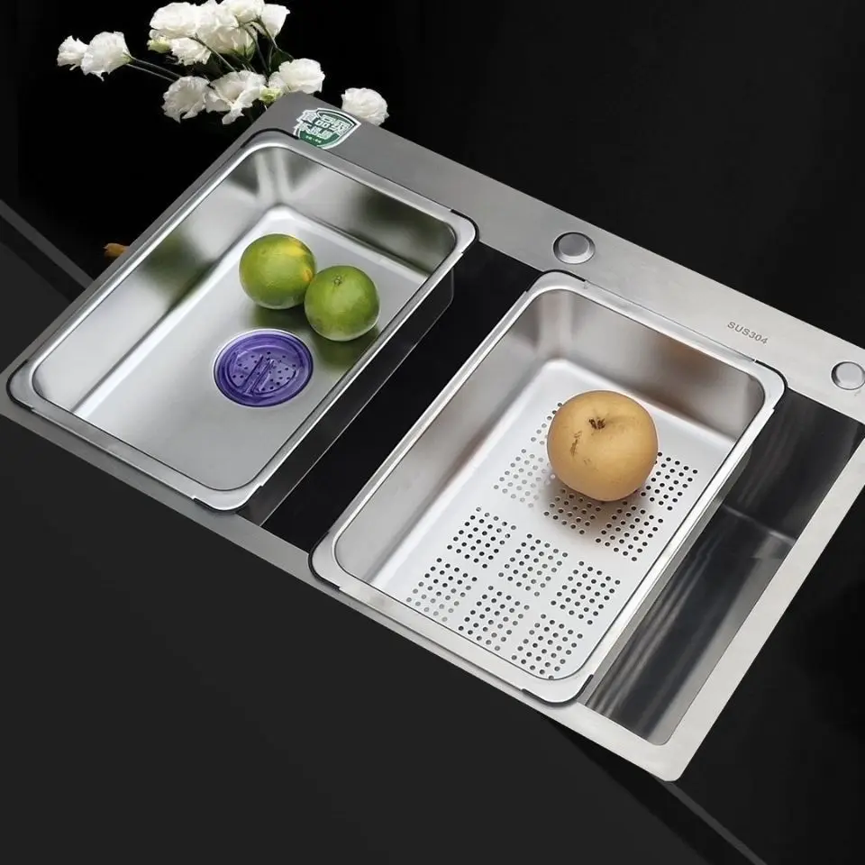 Thickened 304 Stainless Steel Sink Drain Basket Vegetable Basin Filter Single Slot Double Slot Basin Middle Basin Kitchen Rack