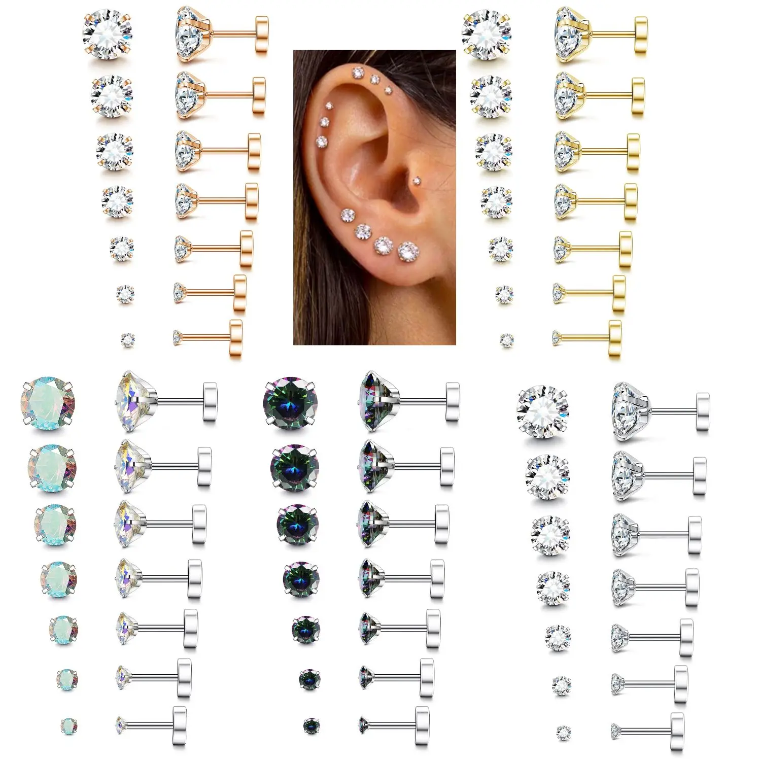

Bobisty Hypoallergenic Flat Back Earrings Set for Women Men Stainless Steel Stud Cubic Zirconia Studs Cartilage Earrings Jewelry
