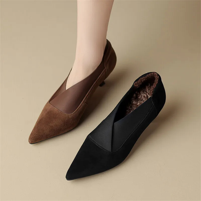 Hot New Spring Sheep Suede Women Shoes Pointed Toe Plush Women Pumps Shoes for Women High Heels Deep Mouth Loafers Zapatos Mujer