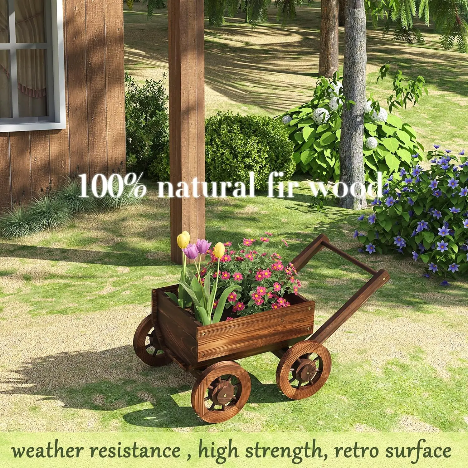 Pulijia Wooden Wagon Planter Outdoor Garden Planter, Trolley Decoration Succulent Flower Cart, Indoor Outdoor Backyard Balcon