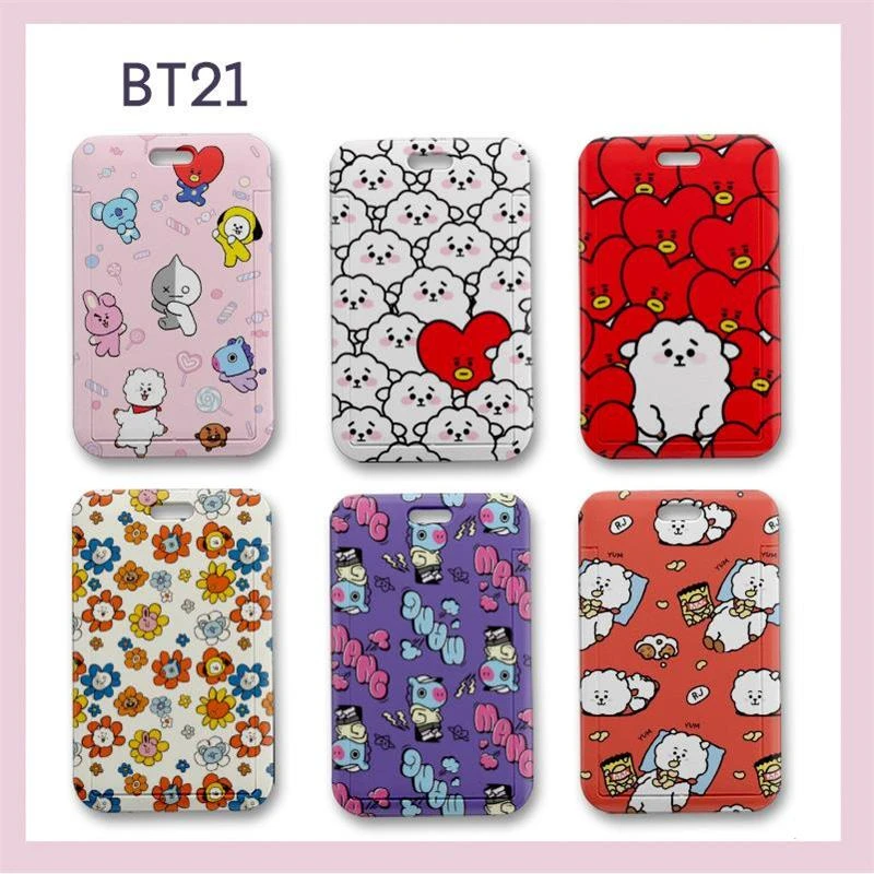 เซ็ตการ์ดใหม่ Bt21ป้ายอนิเมะน่ารักสายคล้องป้องกันการสูญหายบัตรรับประทานอาหารนักเรียนบัตรเคสโทรศัพท์กันกระแทกบัตรอาหารจี้ของขวัญ