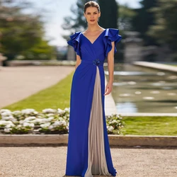 Elegant Royal Blue Mother of the Bride Dresses V Neck Customized Short Sleeves Wedding Party Gowns Flowers Pleat فساتين السهرة