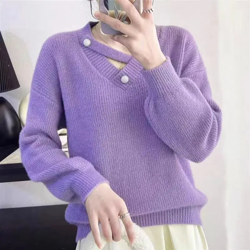 Korean Autumn/Winter New SweatersWomen\'s V-Neck Solid Button Simplicity Versatile Loose Long Sleeve Pullovers Knitted Tops