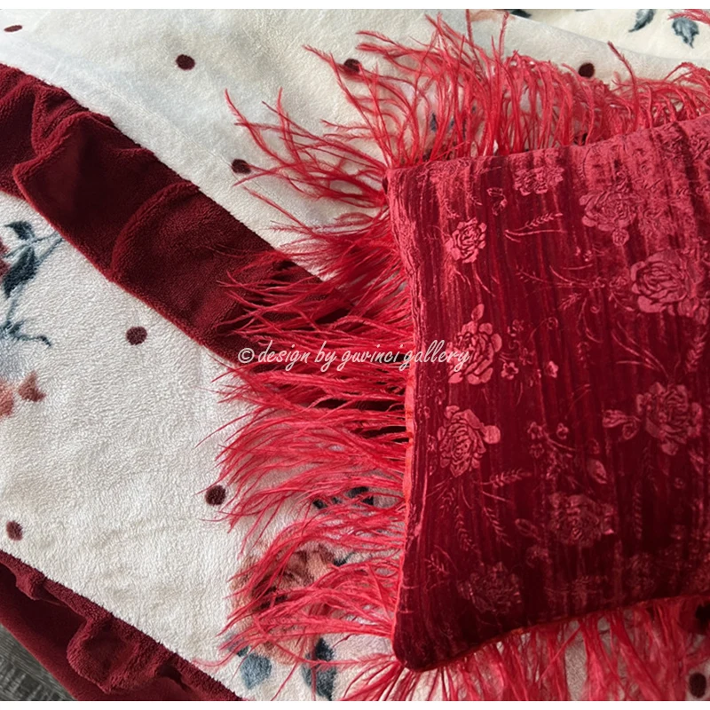 GUVINCI Victorian Style Rose Jacquard Cushion Cover With Feather Fringing Vintage Red Velvet Decorative Throw Pillowcase 29x29cm