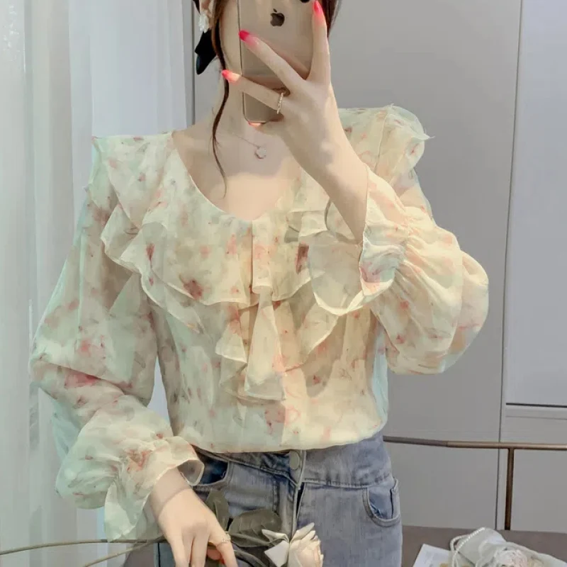 Blus Wanita Korea, blus atasan sifon lengan panjang unik manis longgar mode ruffle sambungan leher V baru musim semi musim gugur