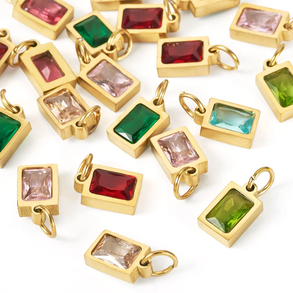 20pcs Rectangle Cubic Zirconia Pendant Random Mix Color Stone Stainless Steel Charms for Earring Necklace DIY Jewelry Making