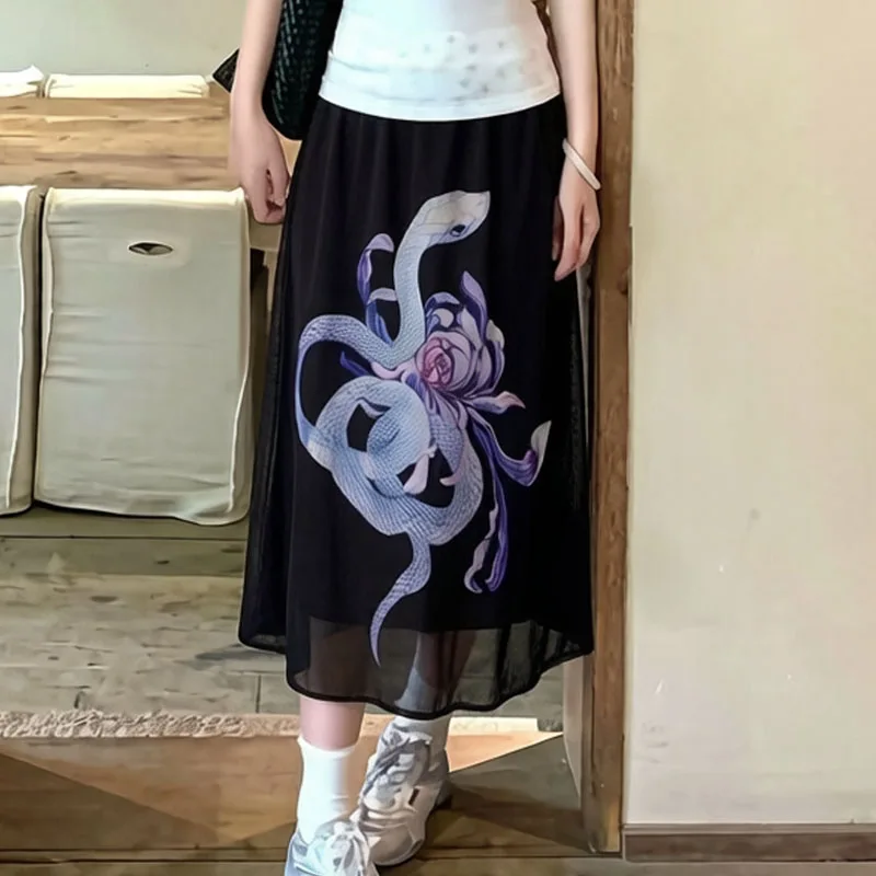 Summer Harajuku Gothic Sexy Street Subculture Snake Flower Printing Patchwork Gauze Stitching Elastic Waist Middle-Skirt Woman