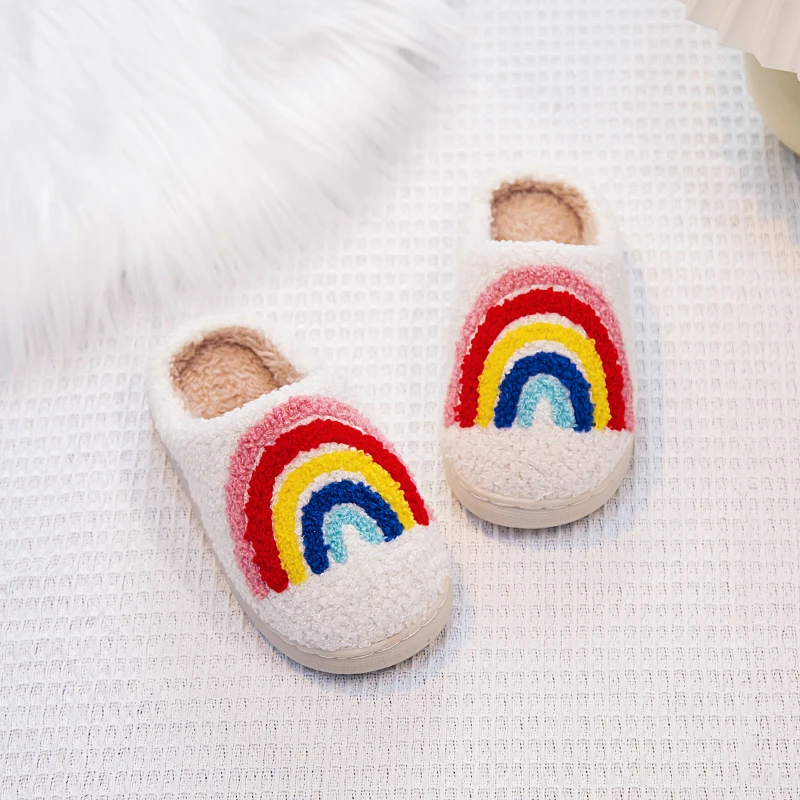 Children Warm Plush Slippers Winter Colorful Rainbow Boys Girls Home Slippers Soft Furry Hairy Kids Fashion Causal Flat Slippers