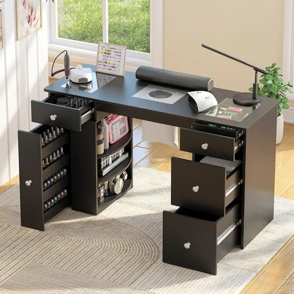 

Manicure Table for Nail Tech with Glass Top, Visible Drawers & Trash Bag Holder, Acetone-Resistant Manicure Nail, Customized