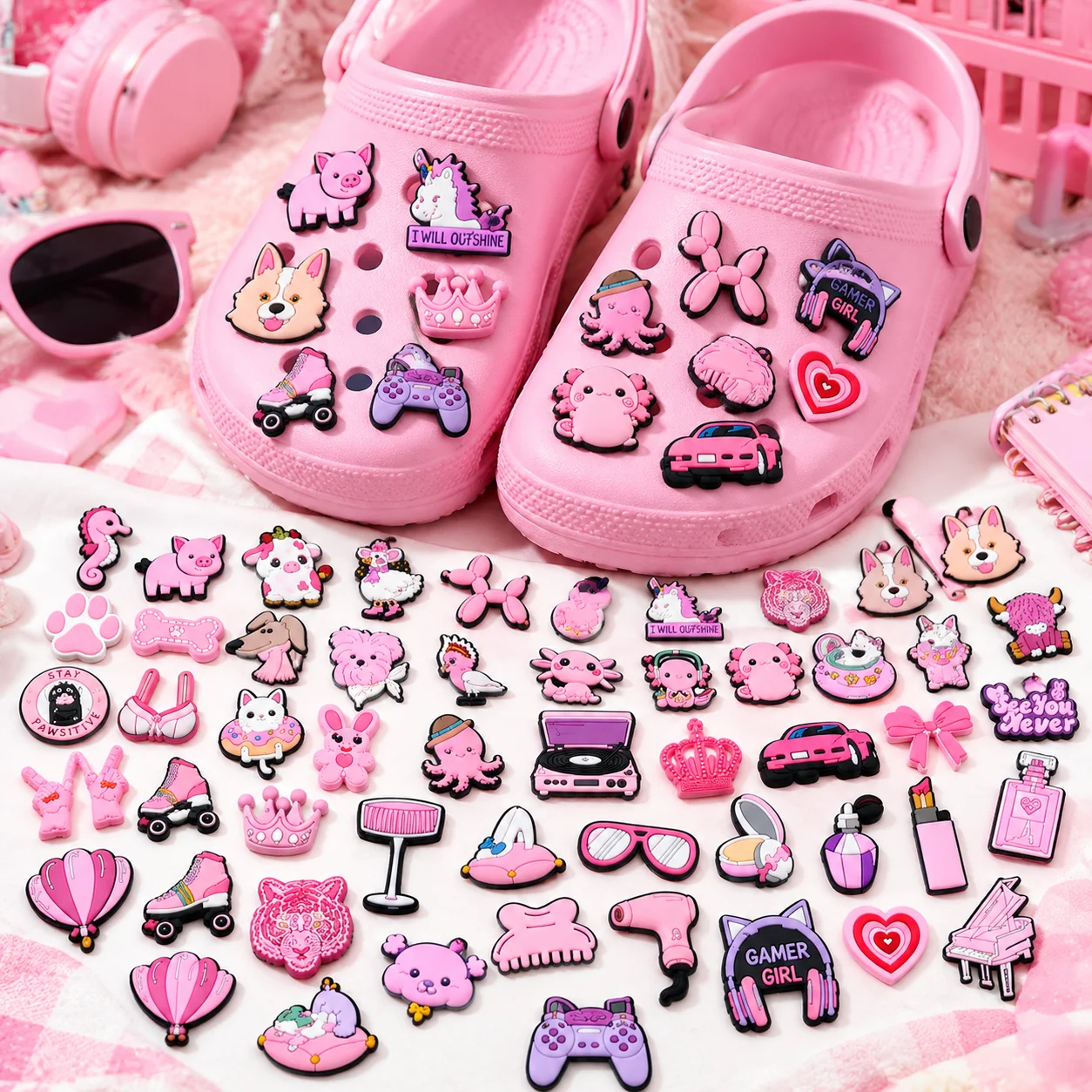 50pcs Gamer Gun Shoe Charms Set Game Controller PVC Pins for Clogs FPS Accessories Gift for Boys Men Teens Kids Cool Style