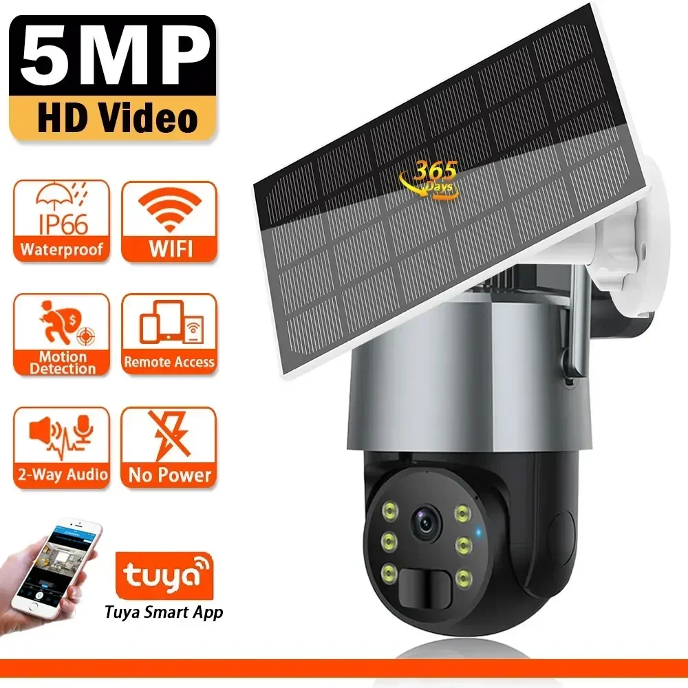 

5MP HD Smart Home WiFi Surveillance Solar Camera WIFI Battery Outdoor IP Camera PIR Motion 360 Wireless Security PTZ Camera Tuya