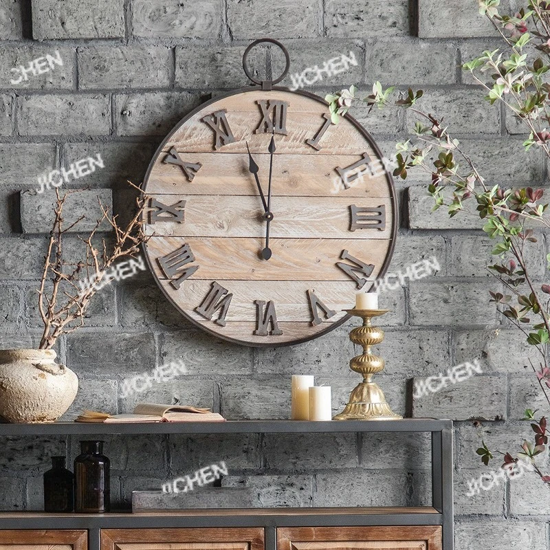 New Chinese retro old wooden round creative home living room wall sofa background wall nostalgic clock decoration