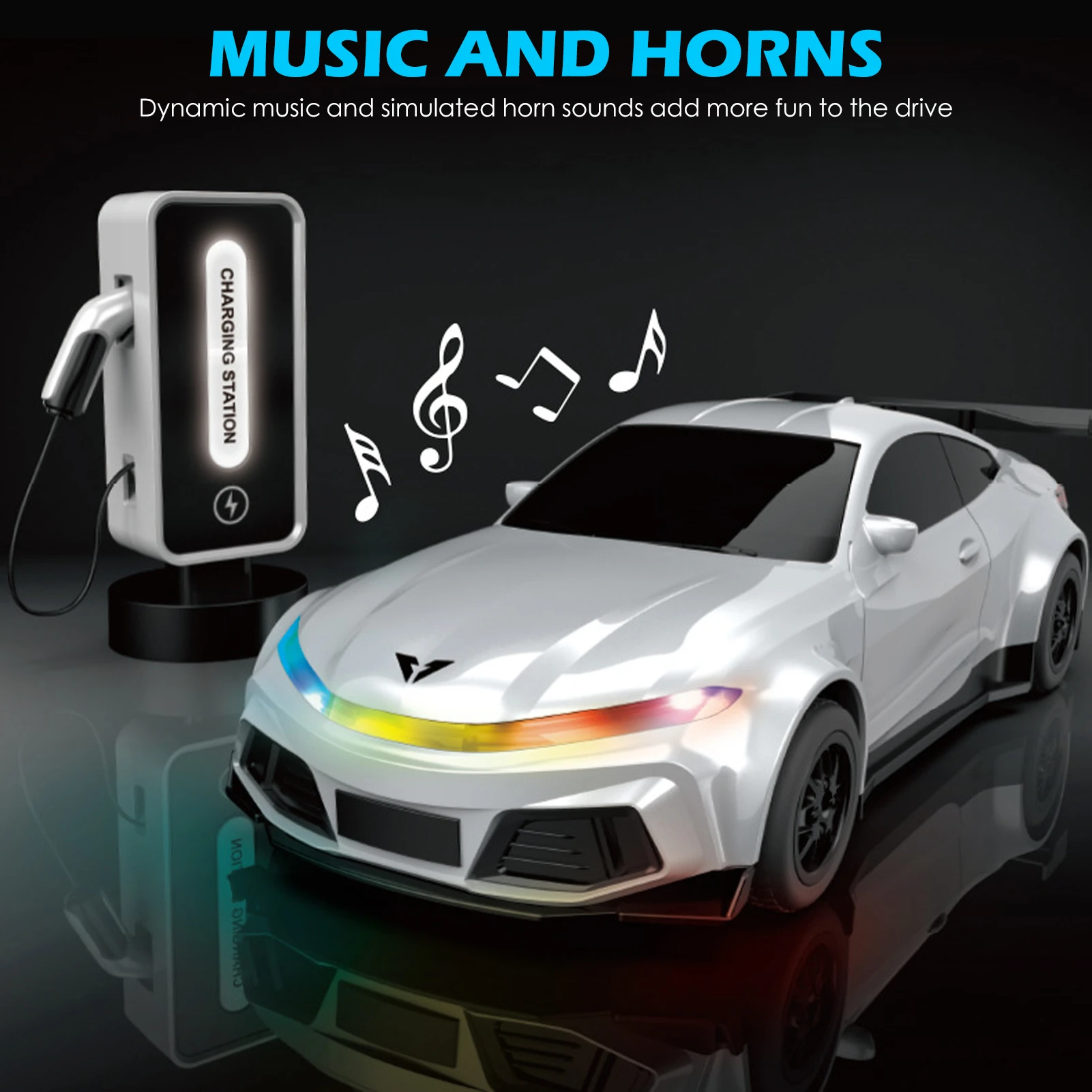 Remote Control Car 2.4GHz New Energy Sports Vehicle with Charging Post  Automatic Parking, LED Lights and Music