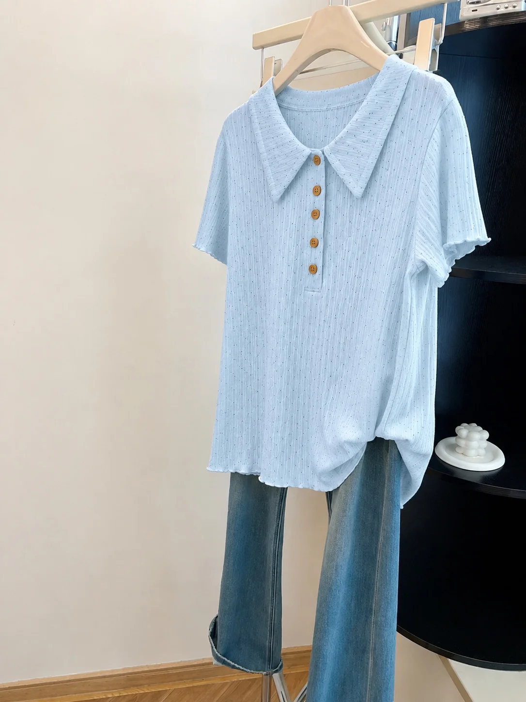 Light Blue Polka Dot Collared Short Sleeve T-Shirt Summer Wooden  Placket Button Soft Slimming Ageless Elegant Top