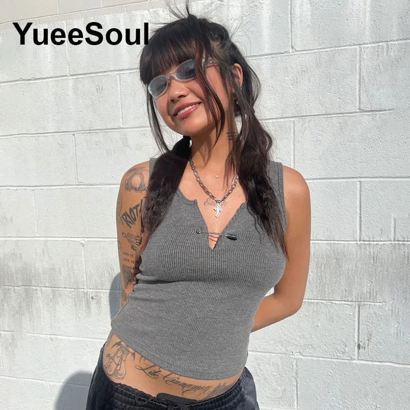 Gray Y2K Top Sleeveless Slim Crop Top 2025 New Sweet Cute Casual High Street Hip Hop Sexy Basics 2000s Women Woman Clothing