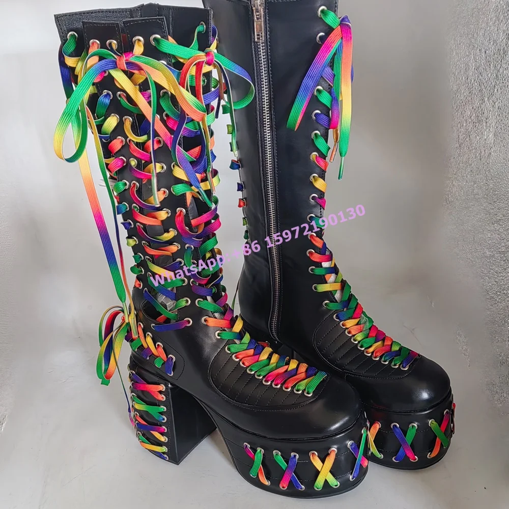 

Rainbow Y2K Hollow Boots Round Toe Thick Soled Platform Side Zipper Shoes Cross Tied Colorful Black Leather Knee High Boots