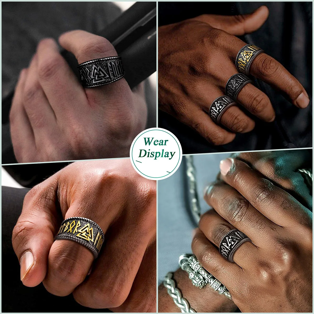 ChainsPro Norse Viking Rings Stainless Steel 14mm wide Vintage Style Nordic Valknut Rune Finger Ring Jewelry for Men Women CP774