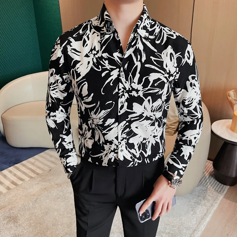 Spring Men Shirt Camisas Hombre Long Sleeve Floral Shirt For Men Social Party Blouse Man Korean Designer Clothing Camicie Uomo