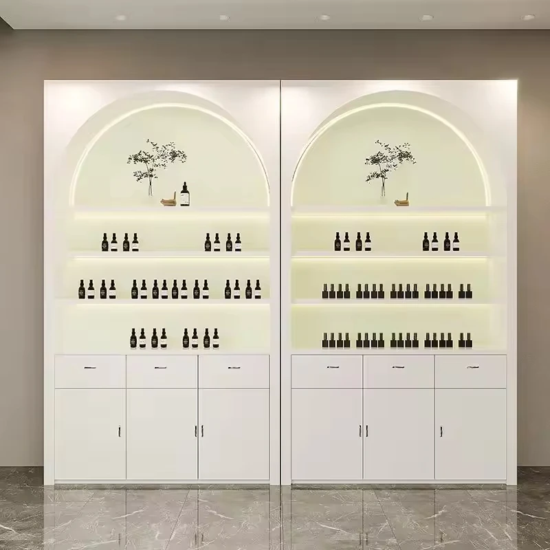 custom.Luxury Store Locked Cosmetic Display Cabinet Salon Pink Boutique Display Gold Cabinet Cosmetic Beauty Display Cabinet
