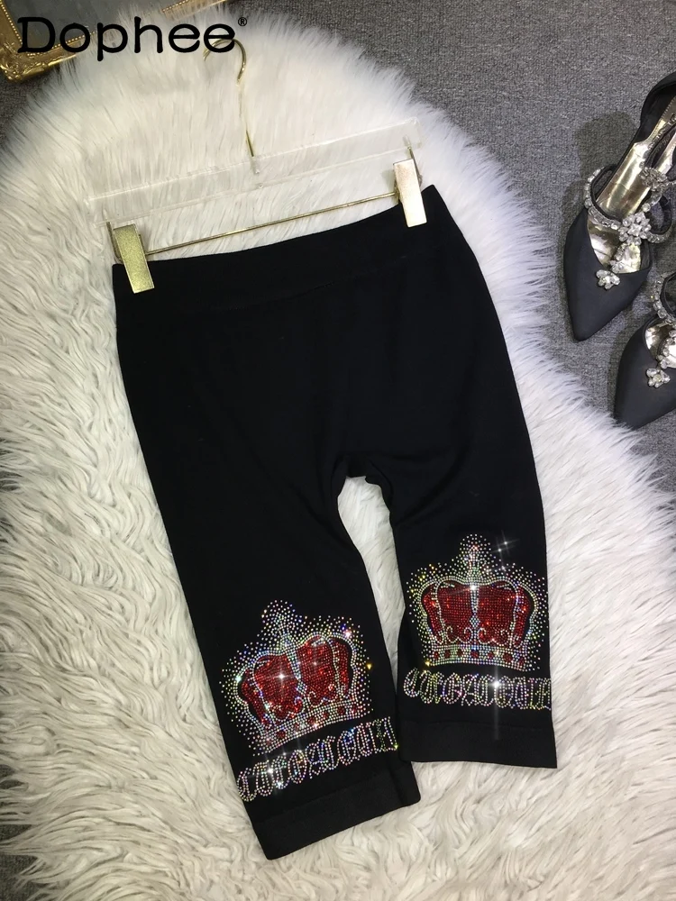 

European Goods Hot Drilling Shorts Women 2024 Summer Luxury Crown Fifth Pants Tight-Fitting Cotton Black Skinny Short Pants