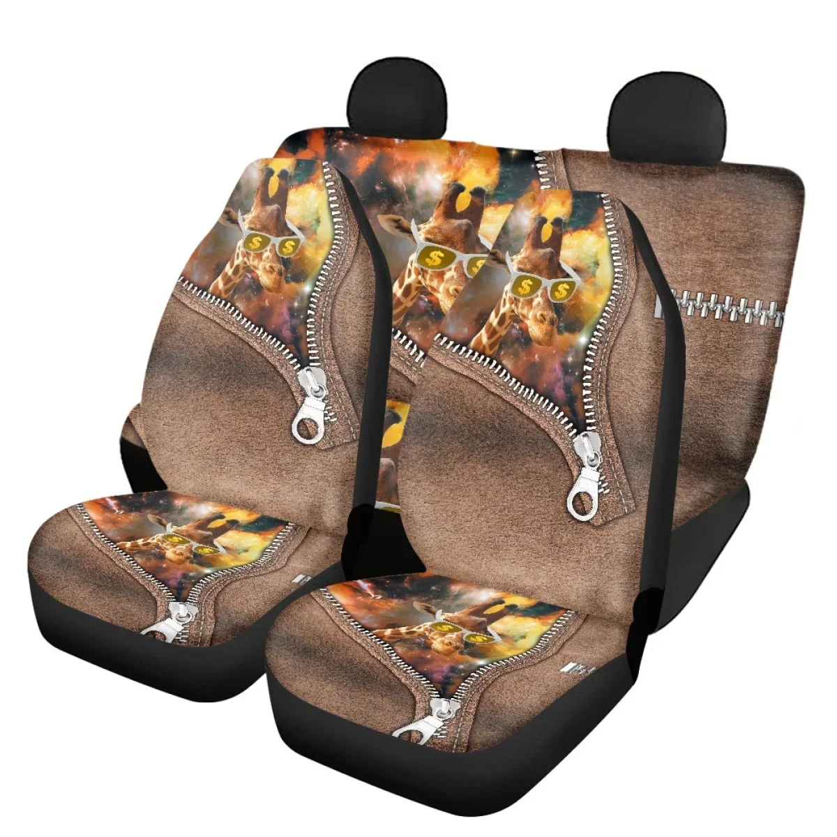 Funny Giraffe Cartoon Print Car Seat Cover Non-skid Universal Front and Back Car Seat Cushion Cover Full Set Auto Seat Protector