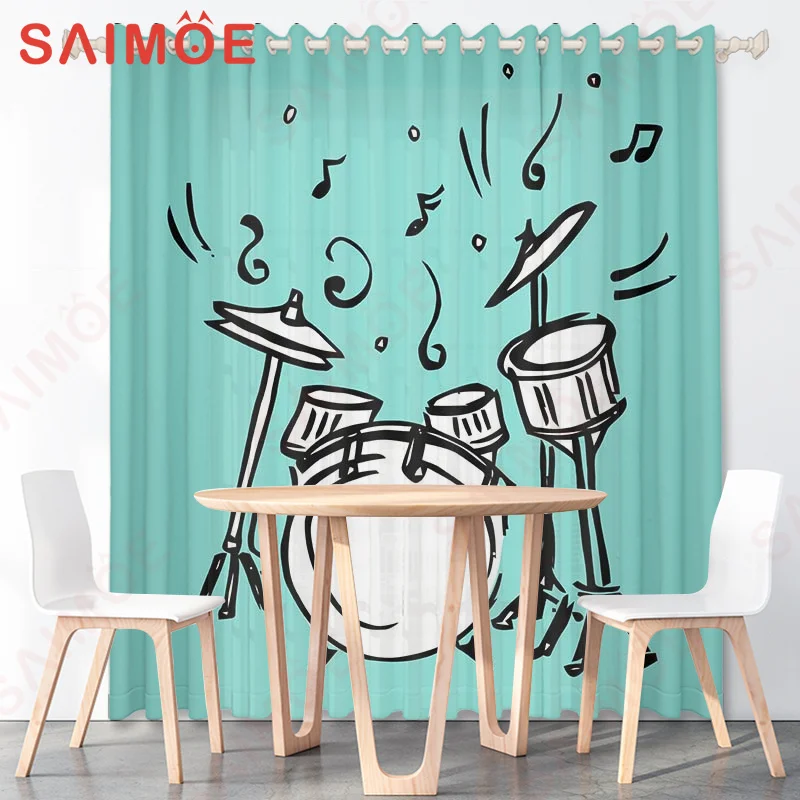 Green Headphones Music Devices Curtains for Living Room Drapes Cortinas for Kids Boy Girl Bedroom Music Art Print Window Decor