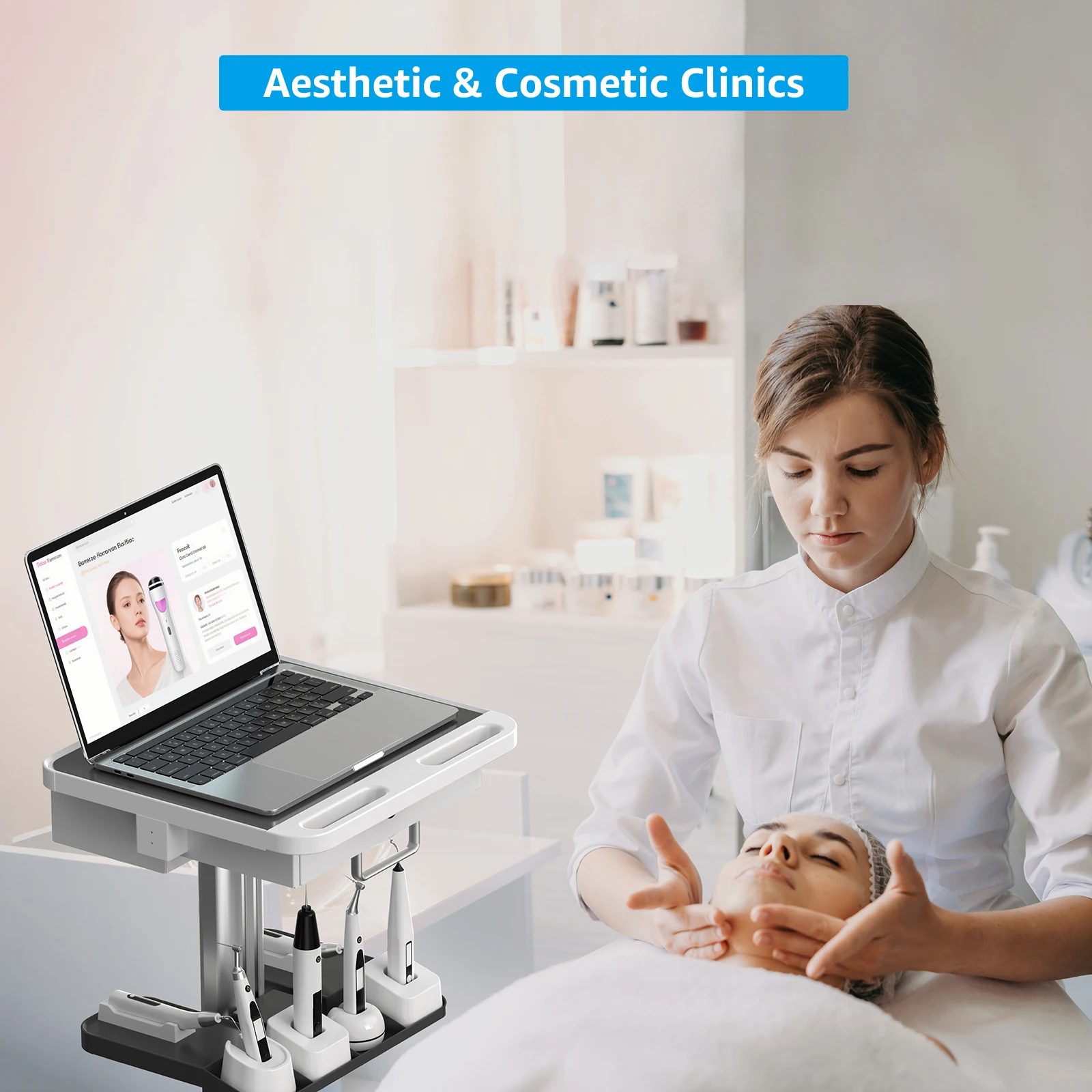 Immagine 7: Carrello Medico con Supporto per Laptop e Organizzatore, Carrello per Clinica Dentistica con Ruote per Ospedale e Salone di Bellezza (RC-1)