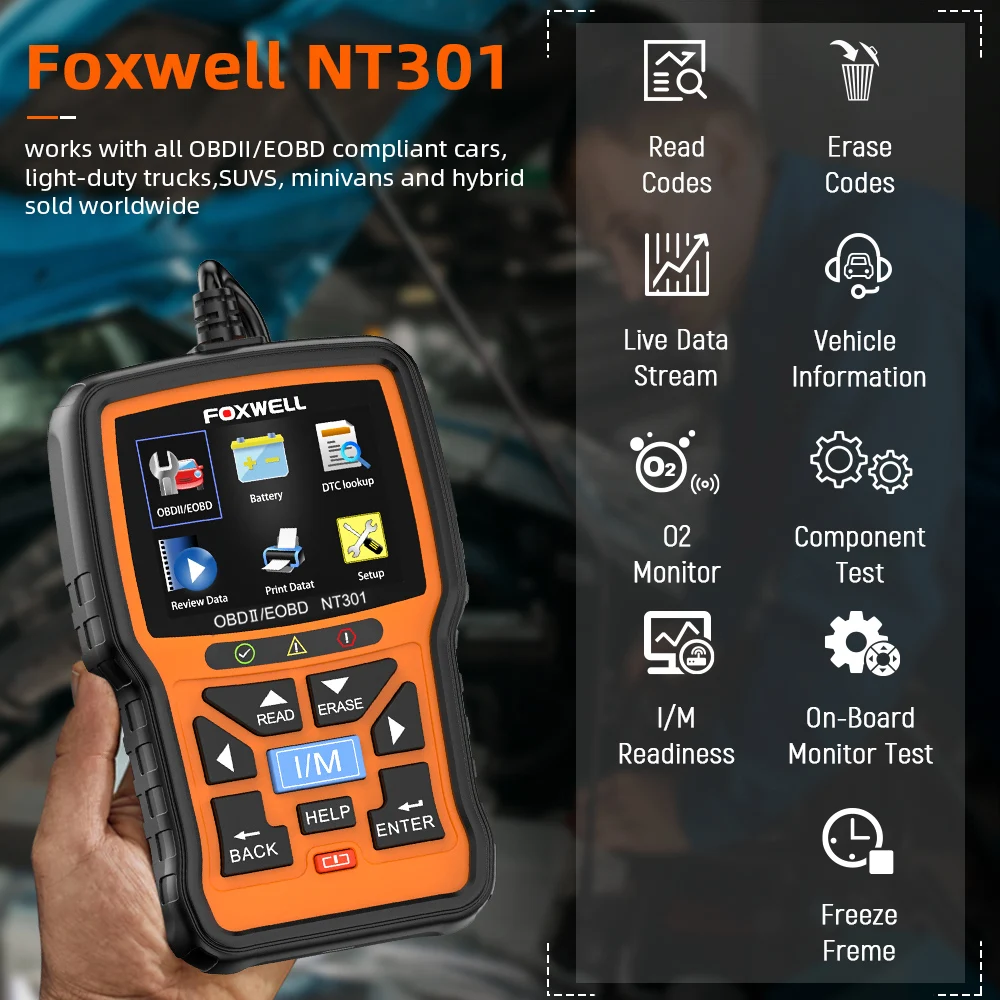 FOXWELL NT301 OBD2/EOBD Code Reader Scanner 12V Battery Tester Automotive Professional Scanner Diagnostic Tool PK ELM327