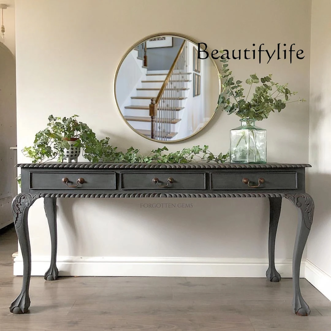 

French retro solid wood carving flower living room entrance table American antique foyer end view table can be customized