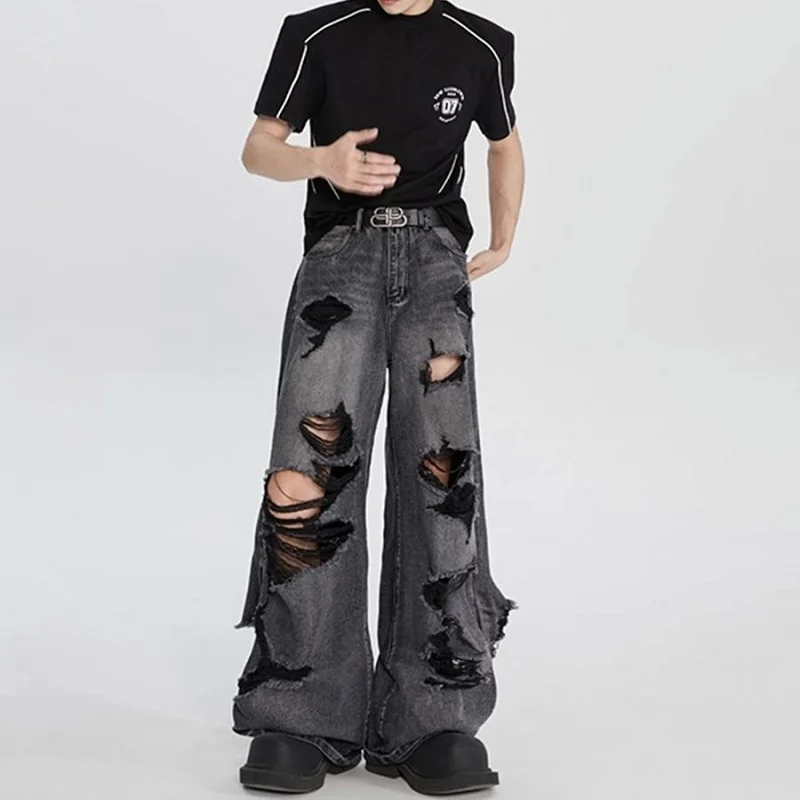 Harajuku Trend High Street Trend Men Women Same Ripped Beggar Jeans Pants Y2k American All-Matching Hip Hop Niche Design Pants