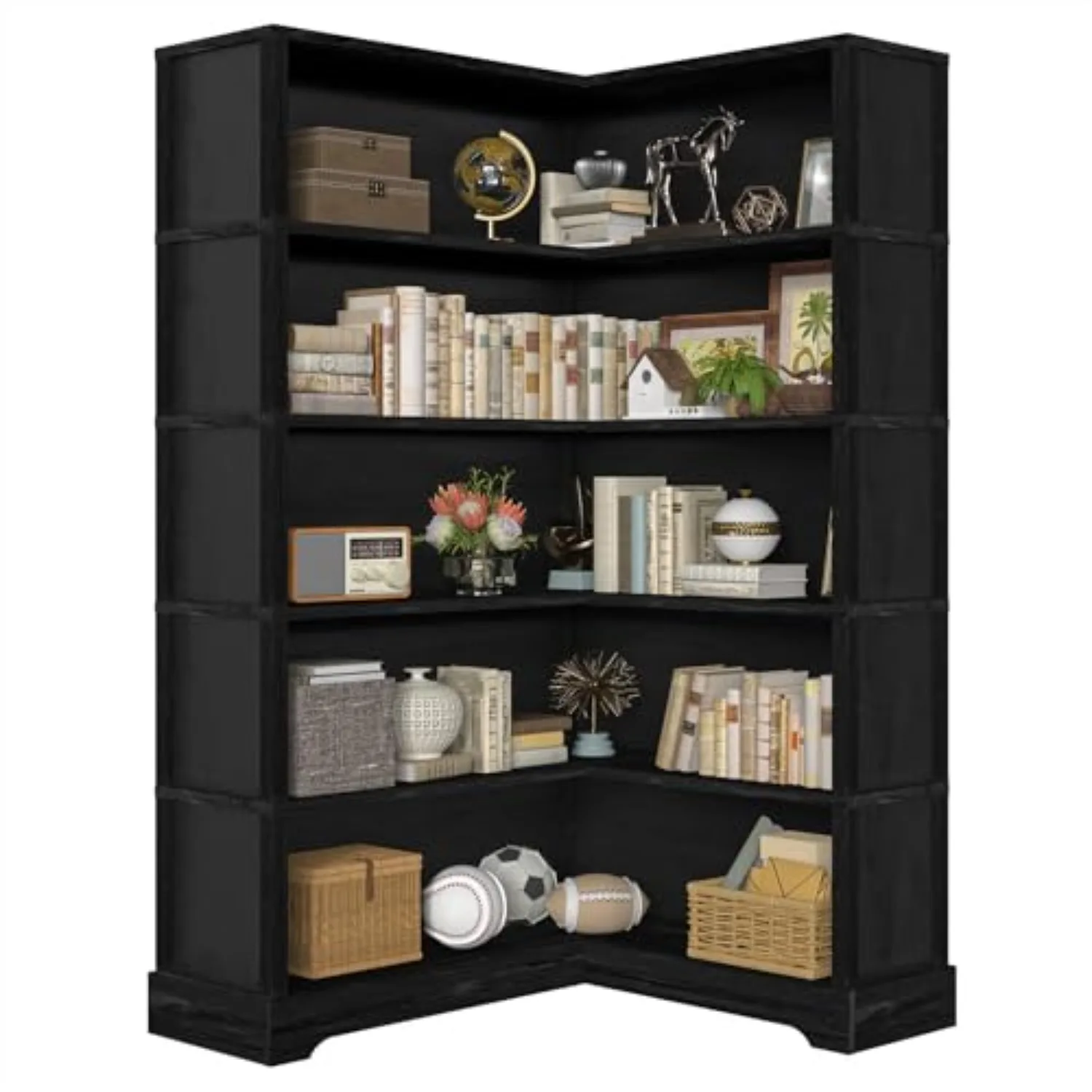 Wood Corner Book Shelf, 5 Tier 65 Inch Tall Bookshelf with Storage, Floor Standing Display Book Shelf for Living Room