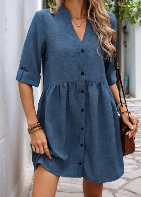 

Summer New Multifunctional Loose Fitting Mid Sleeve Solid Color V-Neck Simple Style Dress Button Short Sleeved Shirt Dress