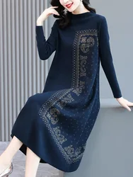 Autumn Winter Black Knitted Print Midi Dress Women Luxury Chic Long Sleeve Casual Dress 2024 Korean Vintage Sweater Party Dress