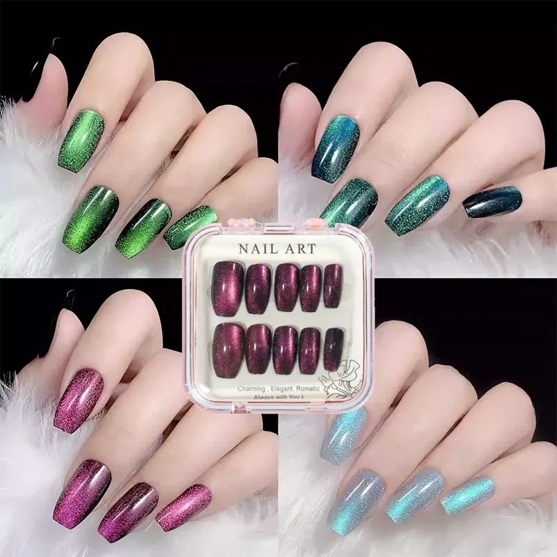 10 قطعة الصحافة اليدوية على الأظافر القط العين لامعة أظافر صناعية الديكور غطاء كامل مسمار نصائح قصيرة للإزالة يمكن ارتداؤها الاكريليك وهمية مسمار