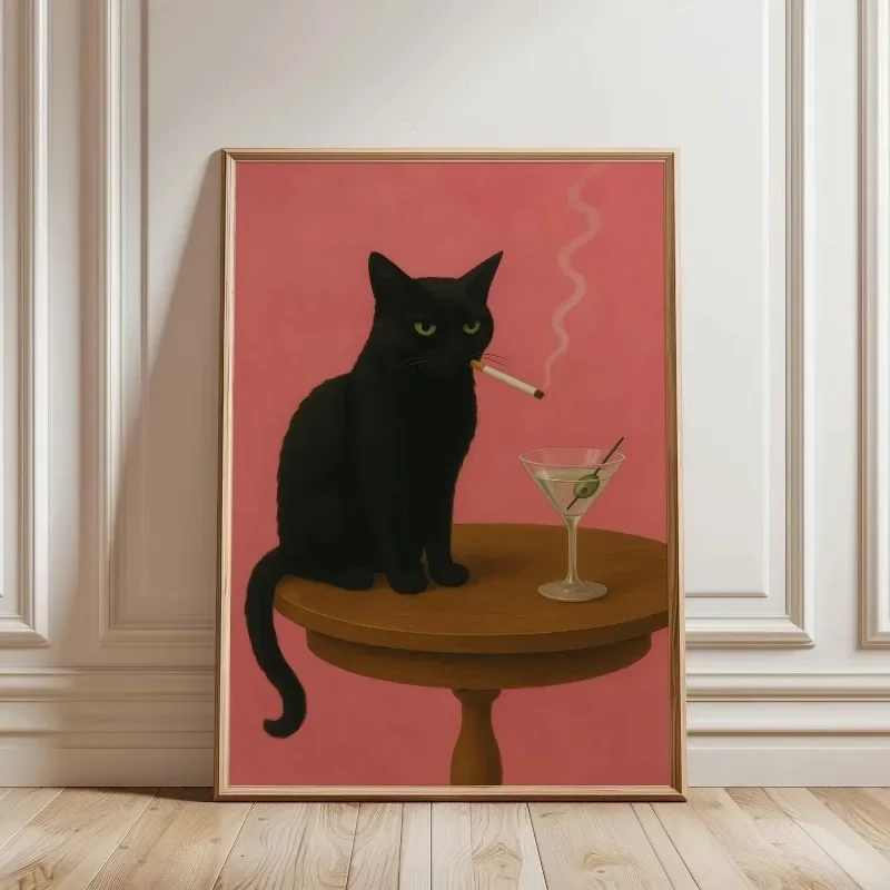Multiple sizes 1pc frameless Canvas Painting Black Cat Smoking A Cigarette Vintage Poster Art Retro Whimsical Print Funny Animal