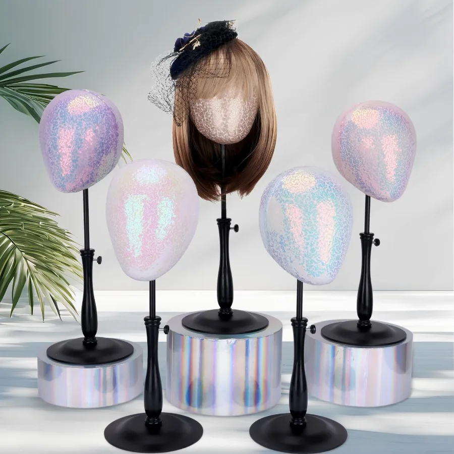 حامل رأس شعر مستعار قابل للتعديل لعرض القبعة والشعر المستعار مع حامل رأس عارضة أزياء لامع يتميز بقاعدة معدنية قابلة للسحب